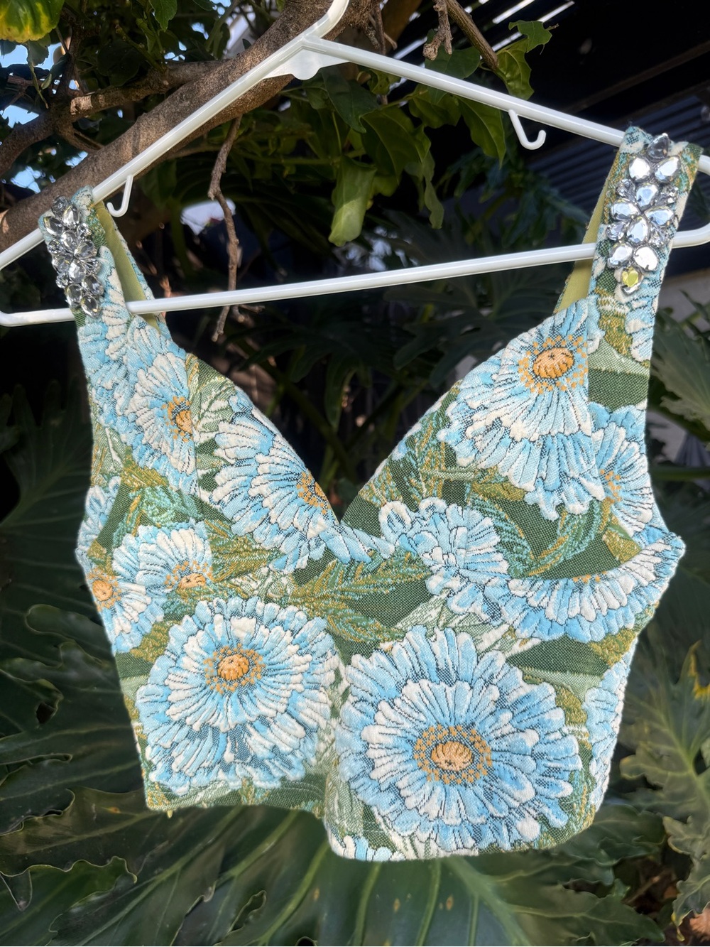 Zara Blue Floral Embroidered Jewel-Strap Crop Top